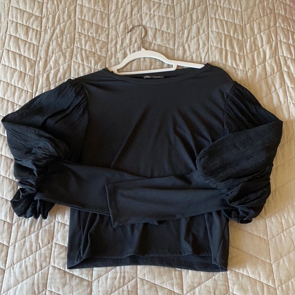 Black Zara long sleeve top with puffed sleeves, size XL